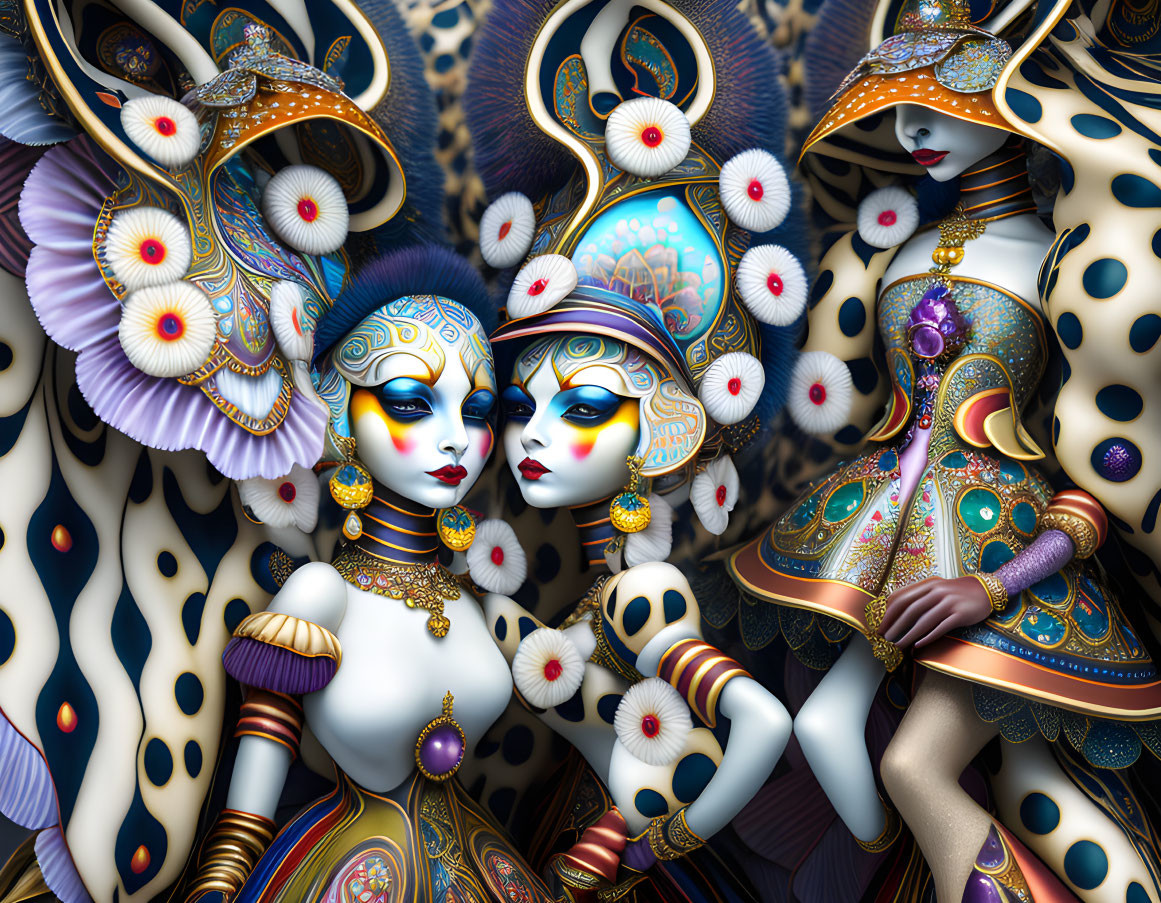 Ornate stylized figures in elaborate costumes with masks