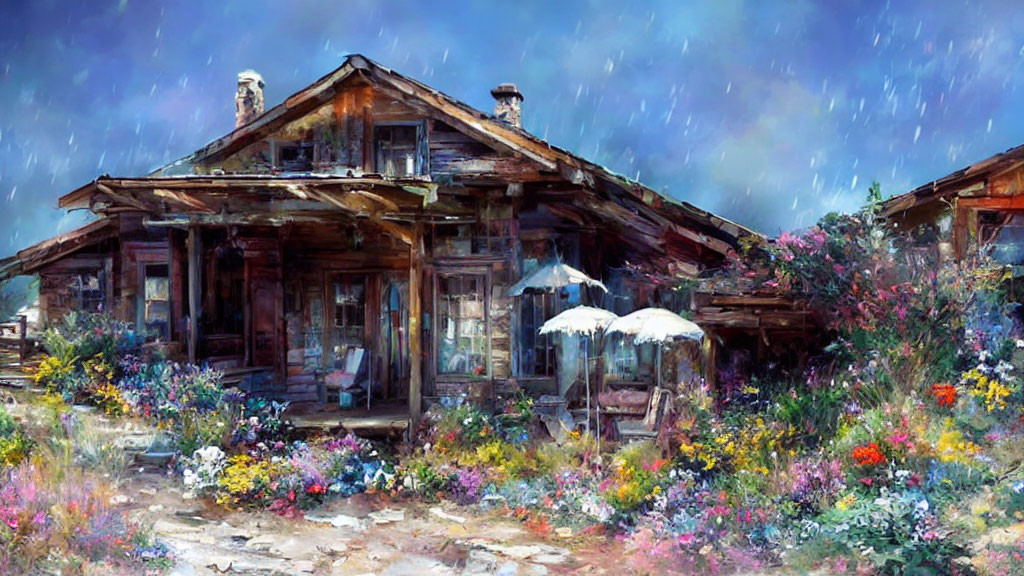 Rustic wooden cabin in lush flower garden under rainy sky with patio umbrella.