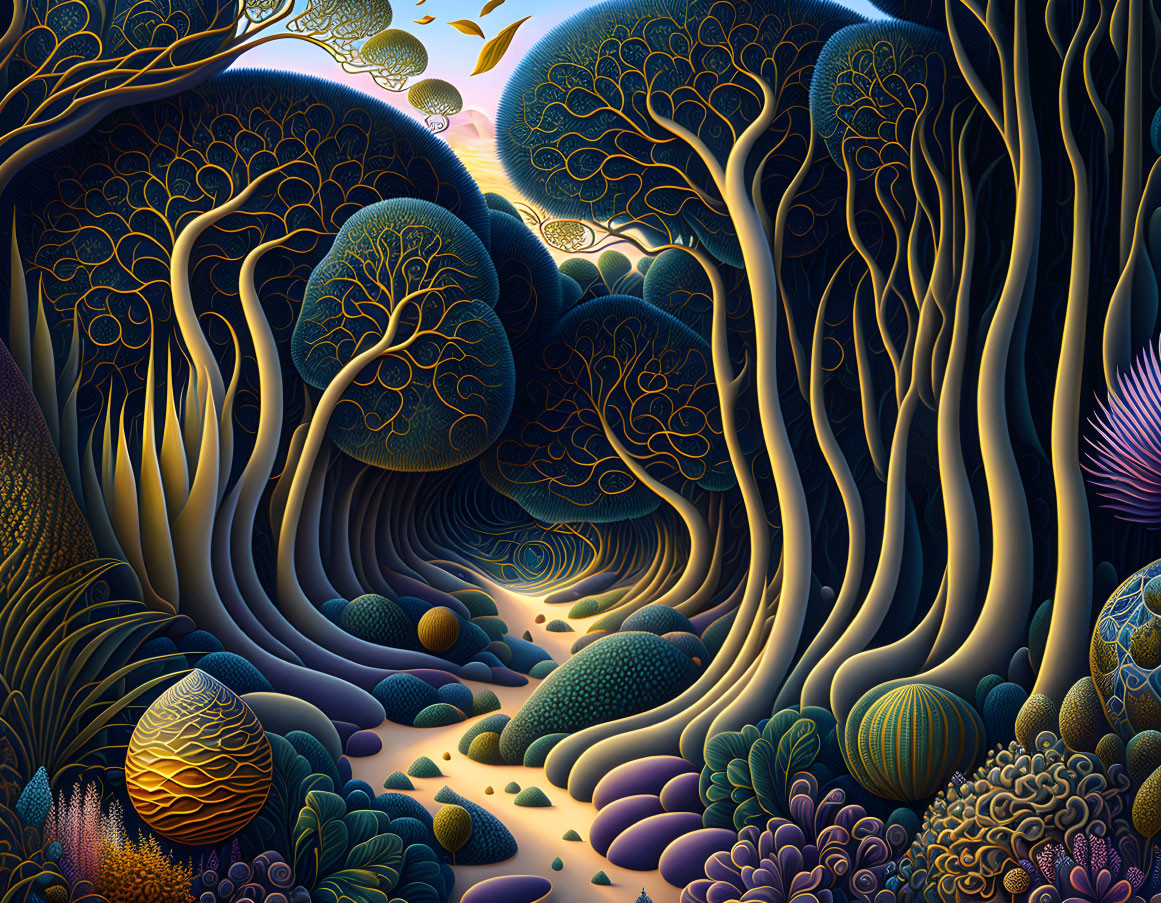 Surreal forest with stylized trees and vibrant blues and golds