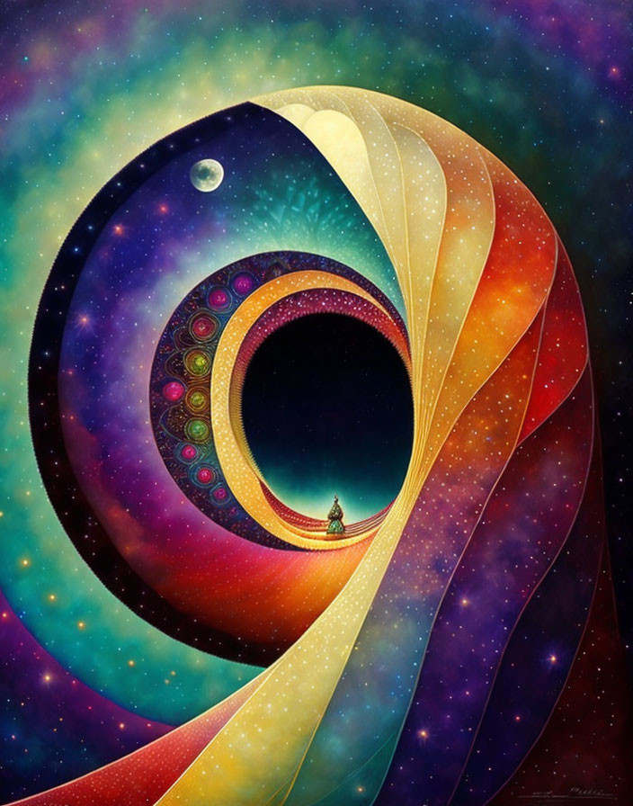 Colorful surreal illustration of figure on spiral pathway in cosmic setting