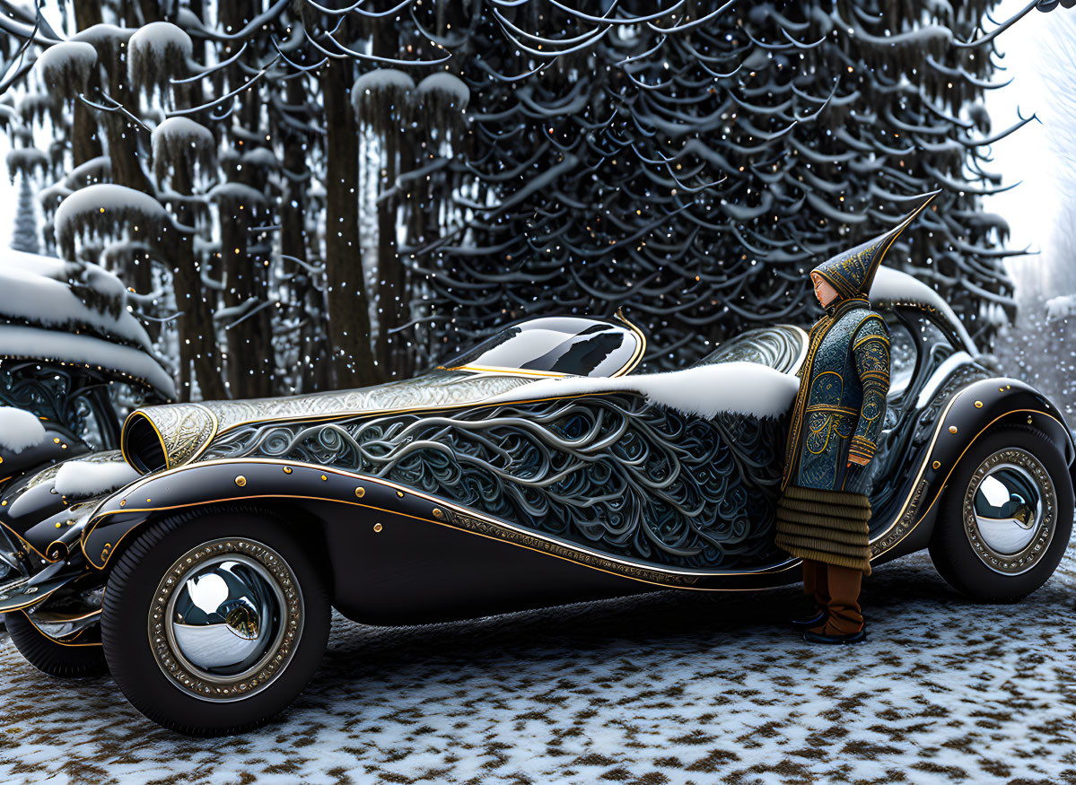 Vintage Black Car with Gold Patterns in Snowy Forest