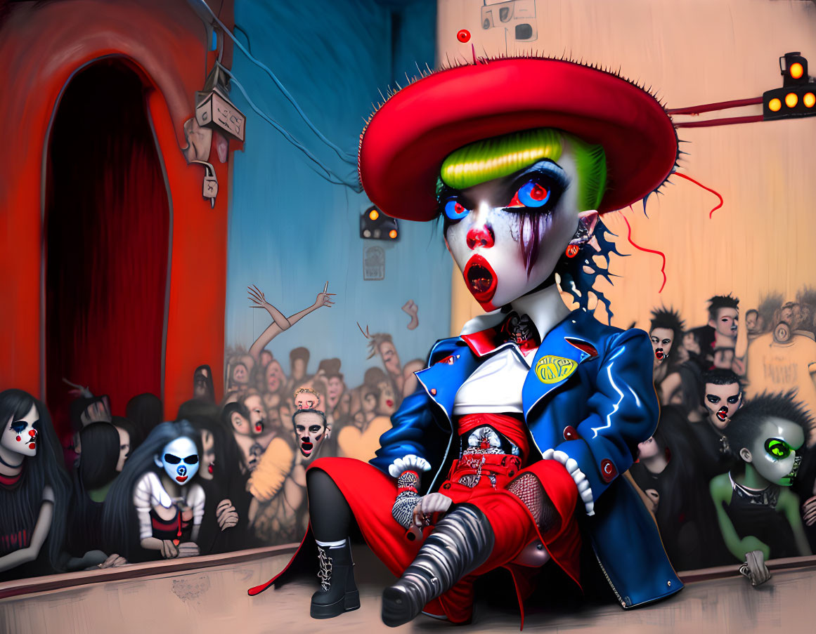 Vibrant digital artwork of female character with clown makeup on stage