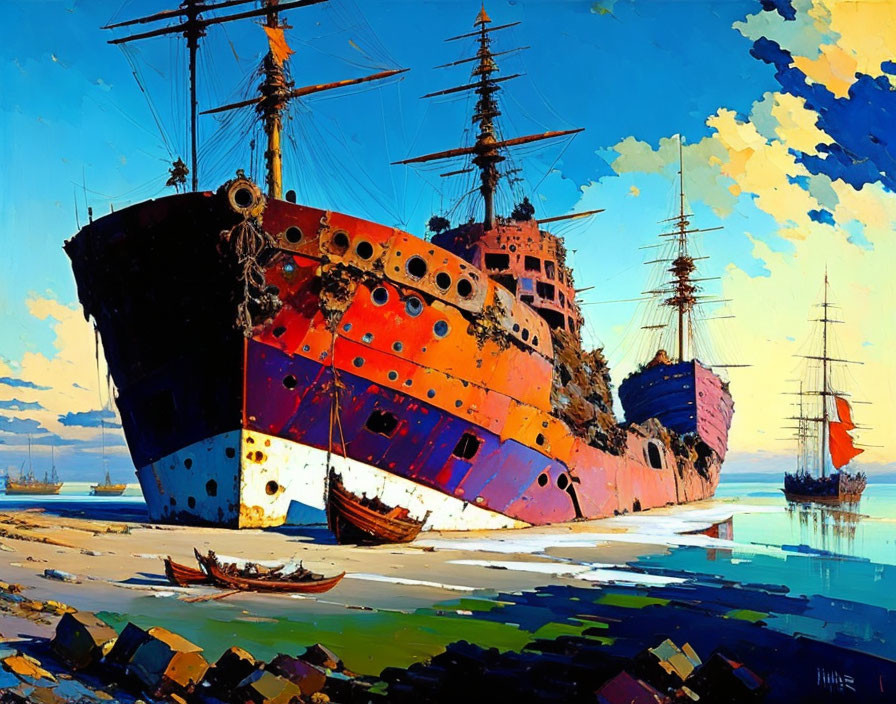 Vivid painting of rusty ships on shore with blue skies