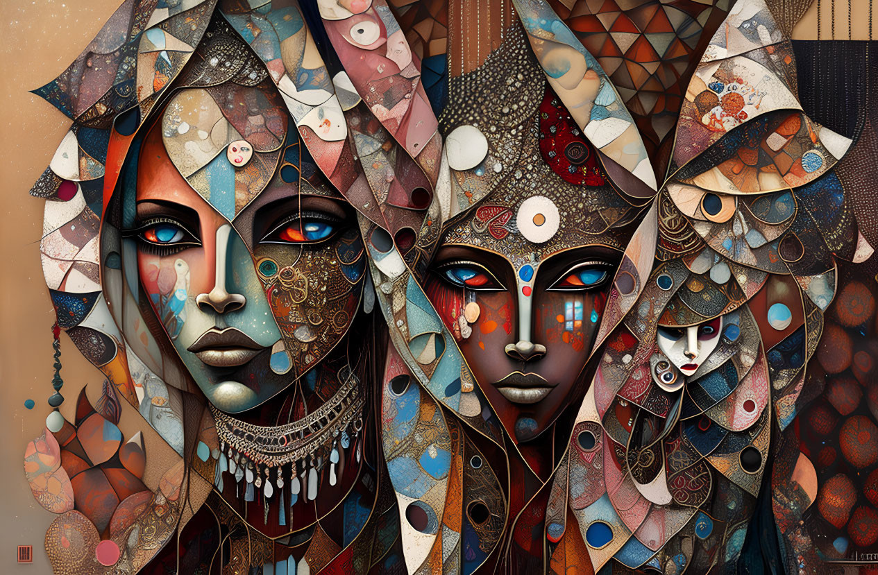 Abstract digital artwork: three stylized faces with intricate patterns in earth tones and geometric shapes