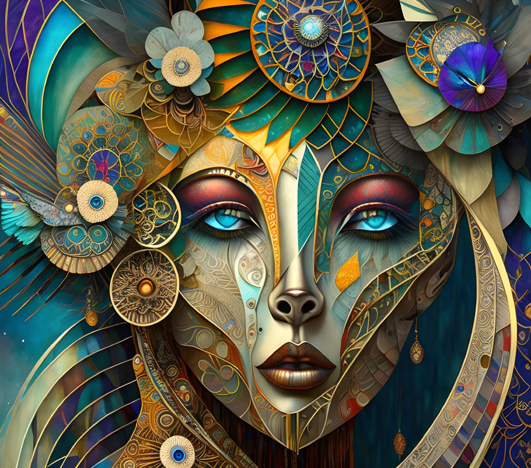 Vibrant digital art: Woman with metallic adornments and floral designs.