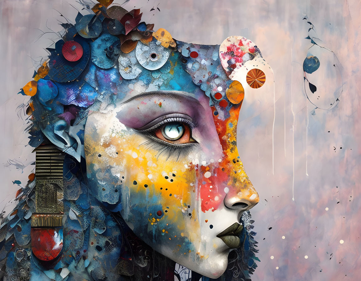 Colorful surreal portrait of a woman with mechanical and floral elements, gear textures, vibrant paint splashes