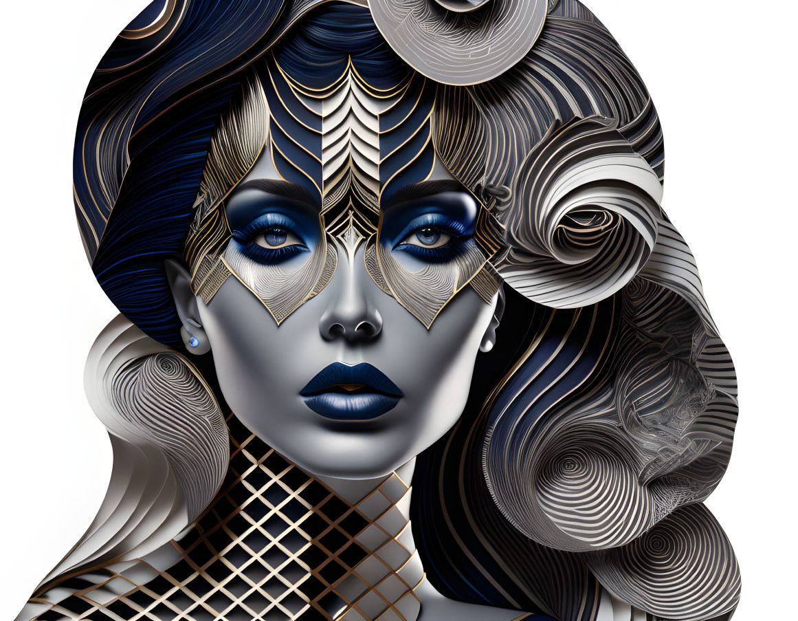 Stylized woman illustration with black and gold patterns and blue eyes