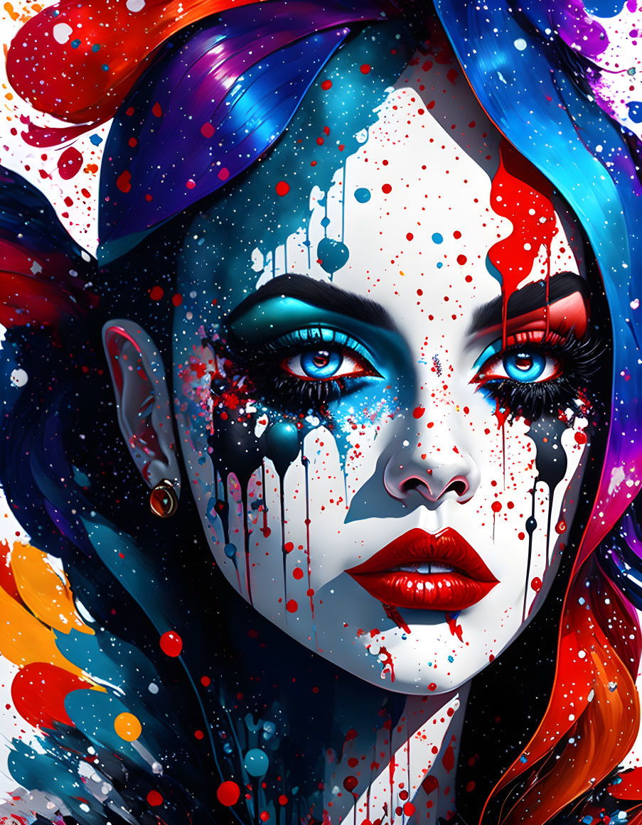 Colorful digital portrait of woman with blue, red, and white paint drips