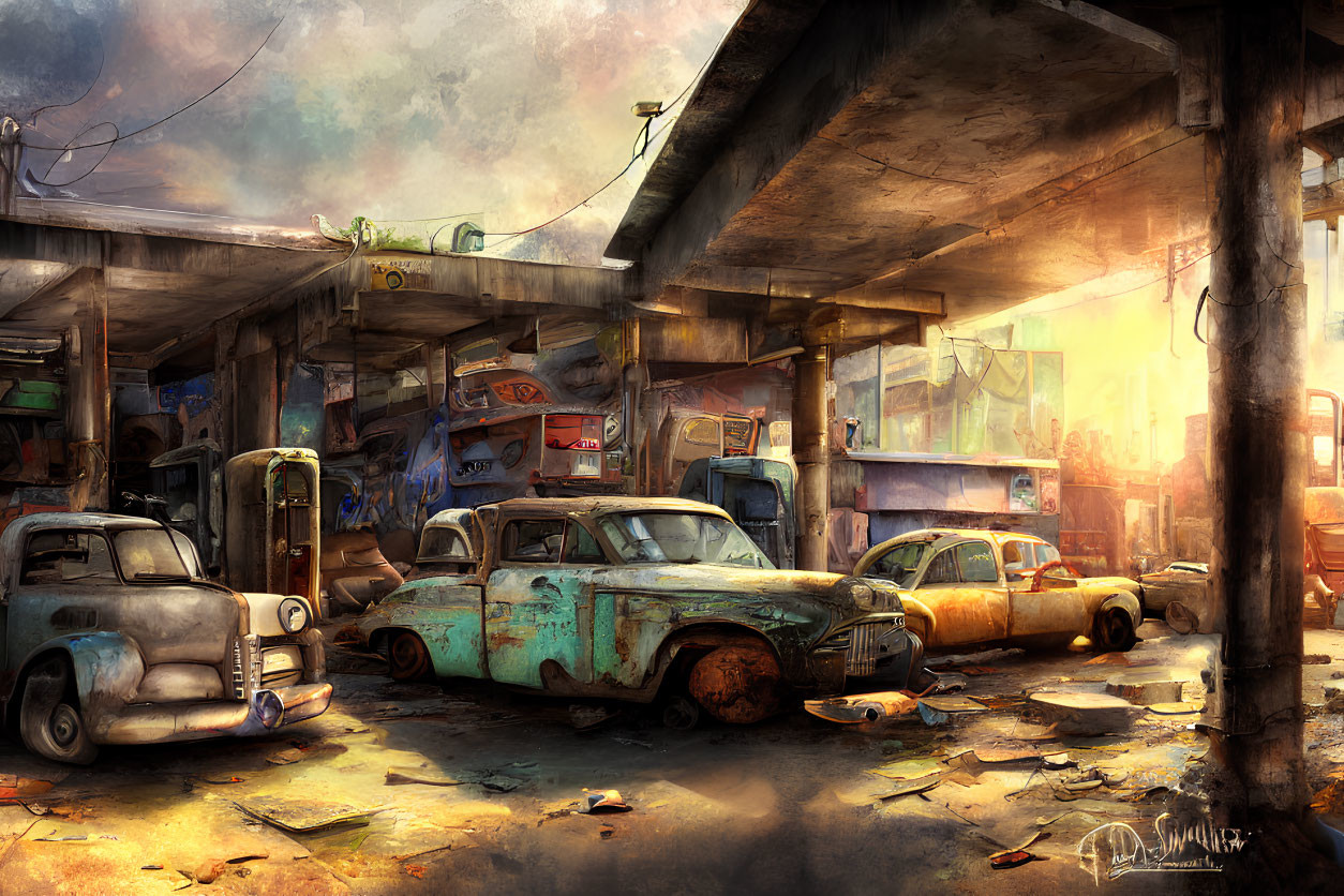 Abandoned urban scene with rusty cars under derelict overpass