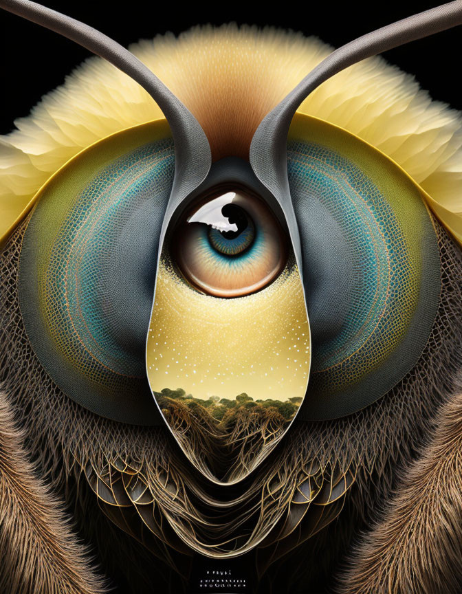 Detailed Close-Up Bee Head Artwork with Compound Eyes and Surreal Eye Landscape