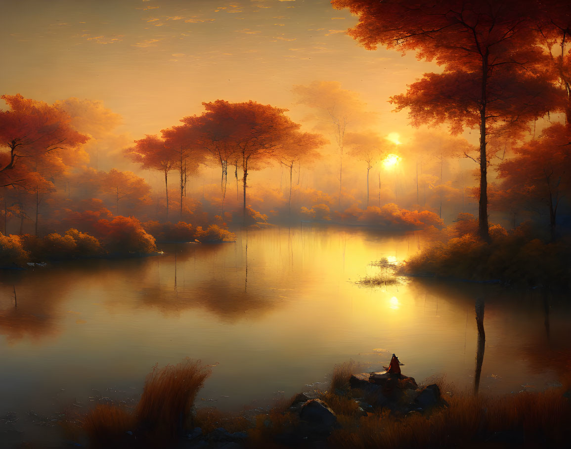 Tranquil lake sunrise with golden reflections and tree silhouettes