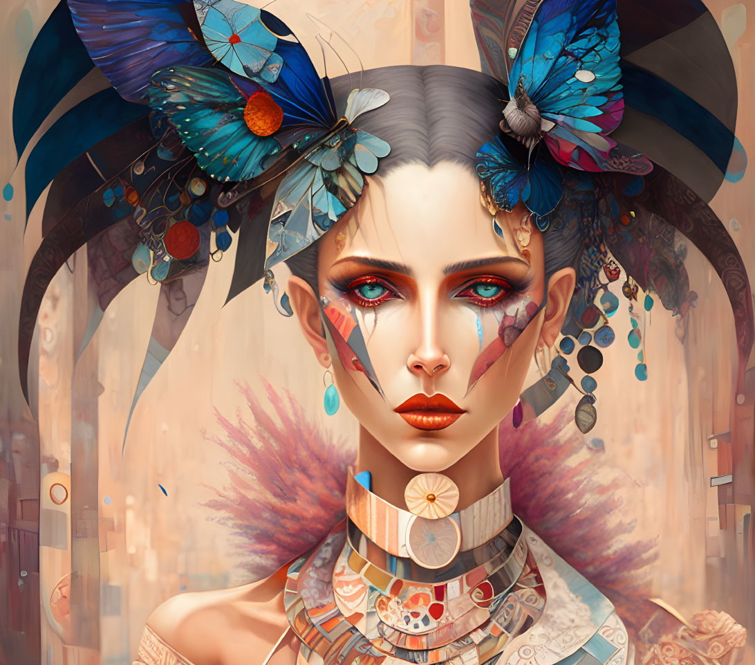 Surrealist portrait of woman with red eyes and butterflies in hair on warm-toned backdrop