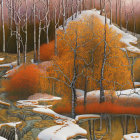 Colorful autumn forest with snow patches and bare trees