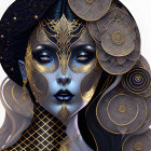 Stylized woman illustration with black and gold patterns and blue eyes