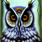 Stylized owl illustration with intricate blue and purple feathers under moonlit sky