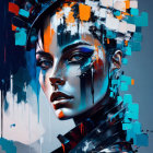 Futuristic portrait of woman with metallic and iridescent adornments