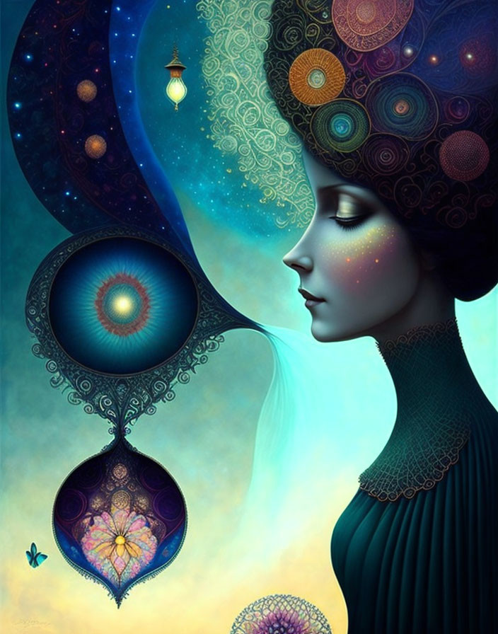 Vibrant surreal artwork: woman with cosmic, floral hair and floating lantern, butterfly included