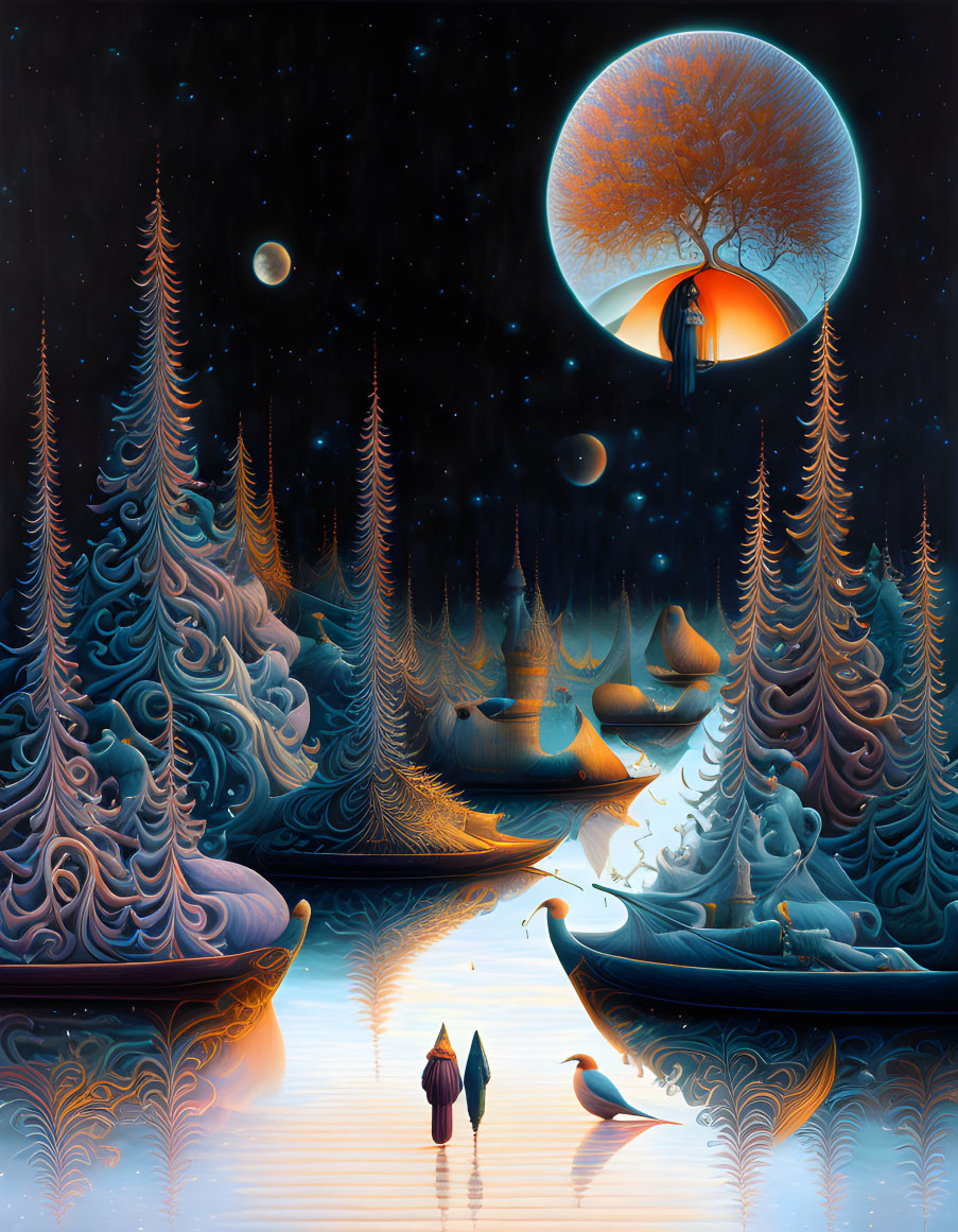 Illustration: Surreal nighttime scene with luminescent trees, reflective water, orbs, and lantern