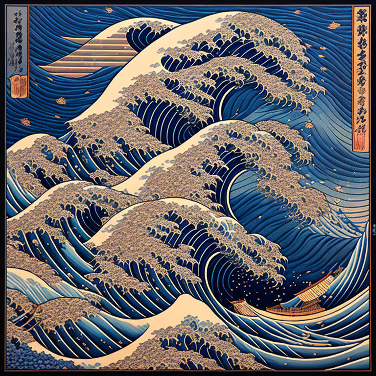 Japanese Woodblock Print: The Great Wave off Kanagawa with Blue Waves and Mount Fuji