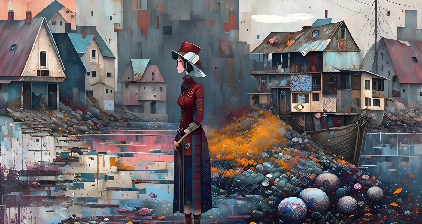 Woman in red dress and hat beside surreal floating houses and orbs.