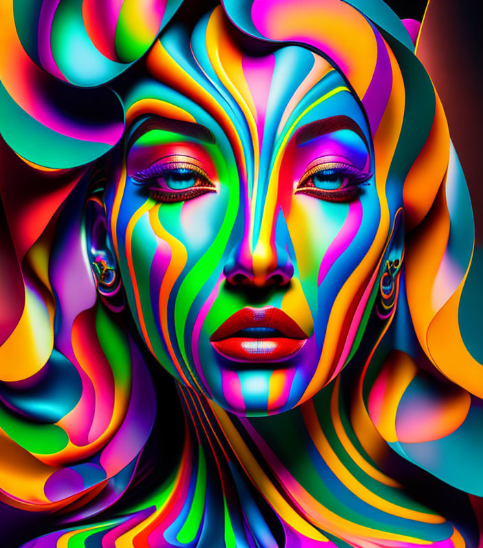 Vibrant digital artwork of female face with psychedelic patterns