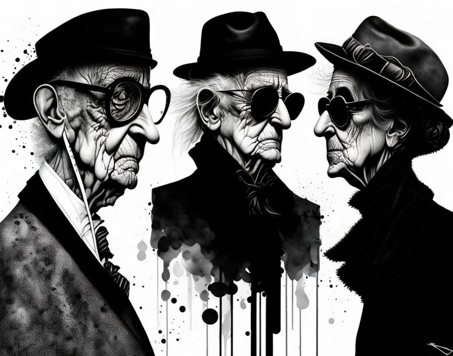 Monochrome Stylized Elderly Men in Hats and Suits