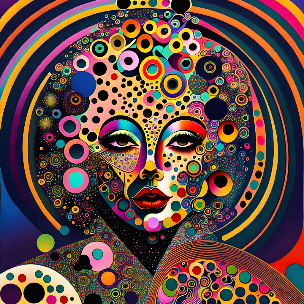 Vibrant Psychedelic Portrait of Woman with Abstract Circular Patterns