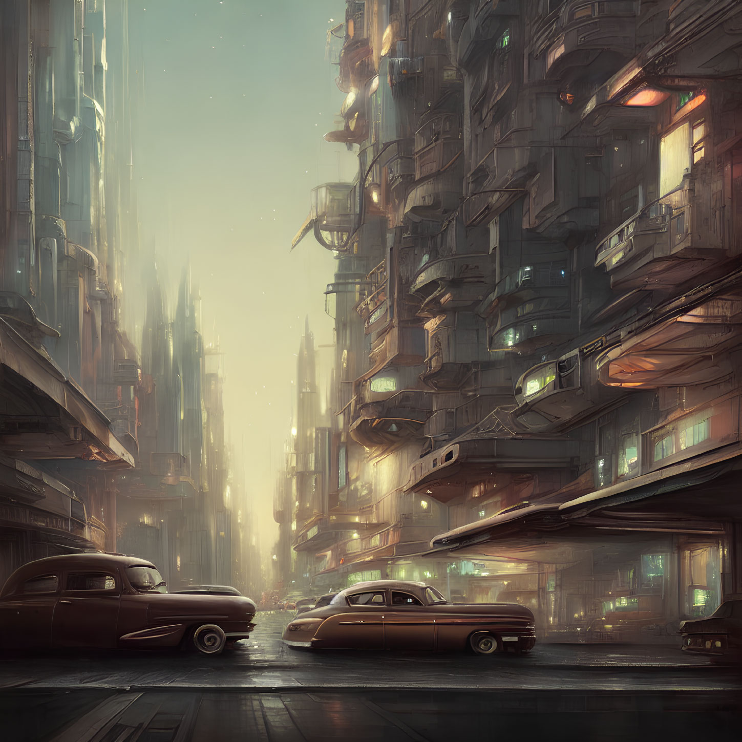 Futuristic cityscape with towering buildings and vintage cars