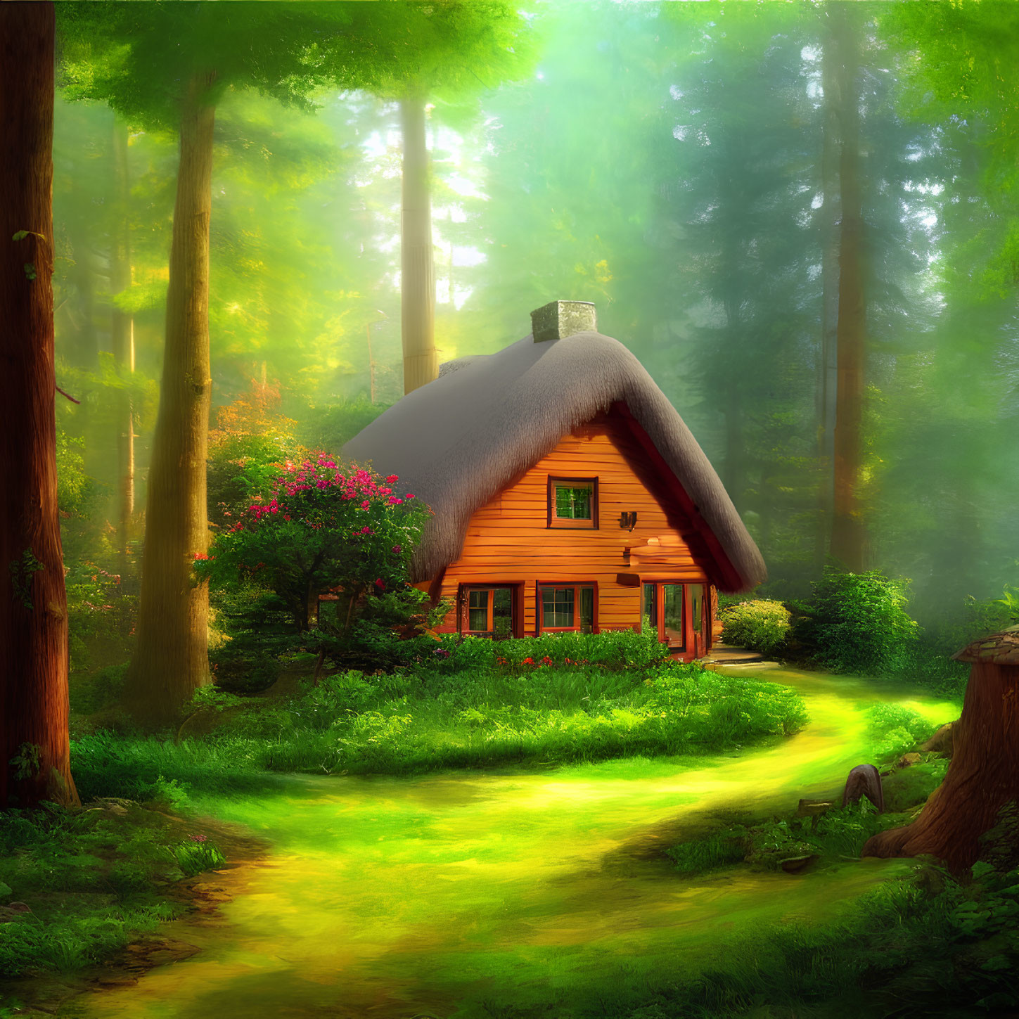 Thatched cottage in sunlit forest with blooming flowers