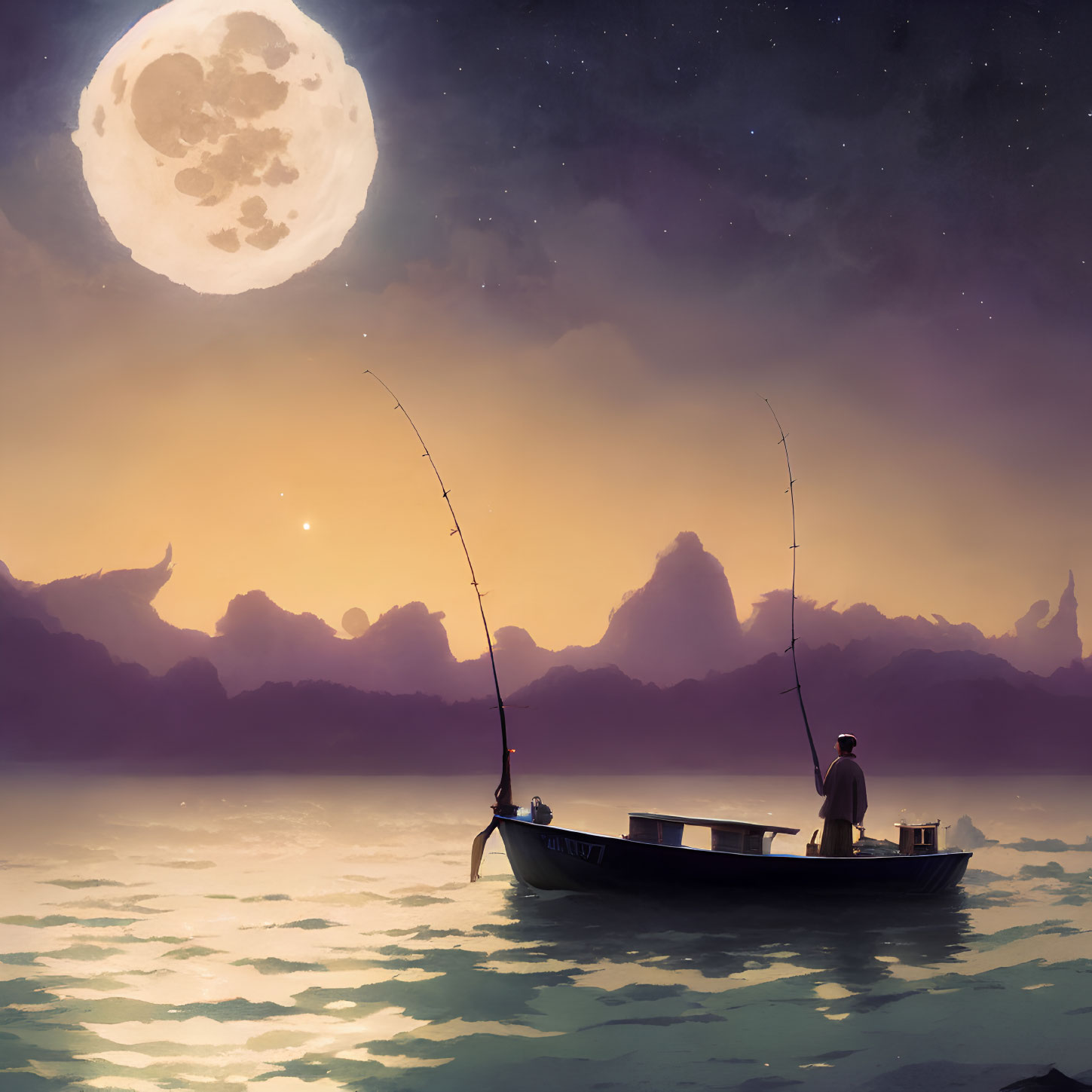 Fisherman in boat under glowing moon fishing in tranquil waters