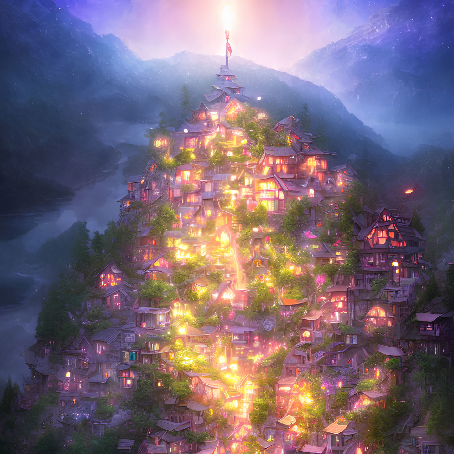Illuminated mountainside village with glowing lights