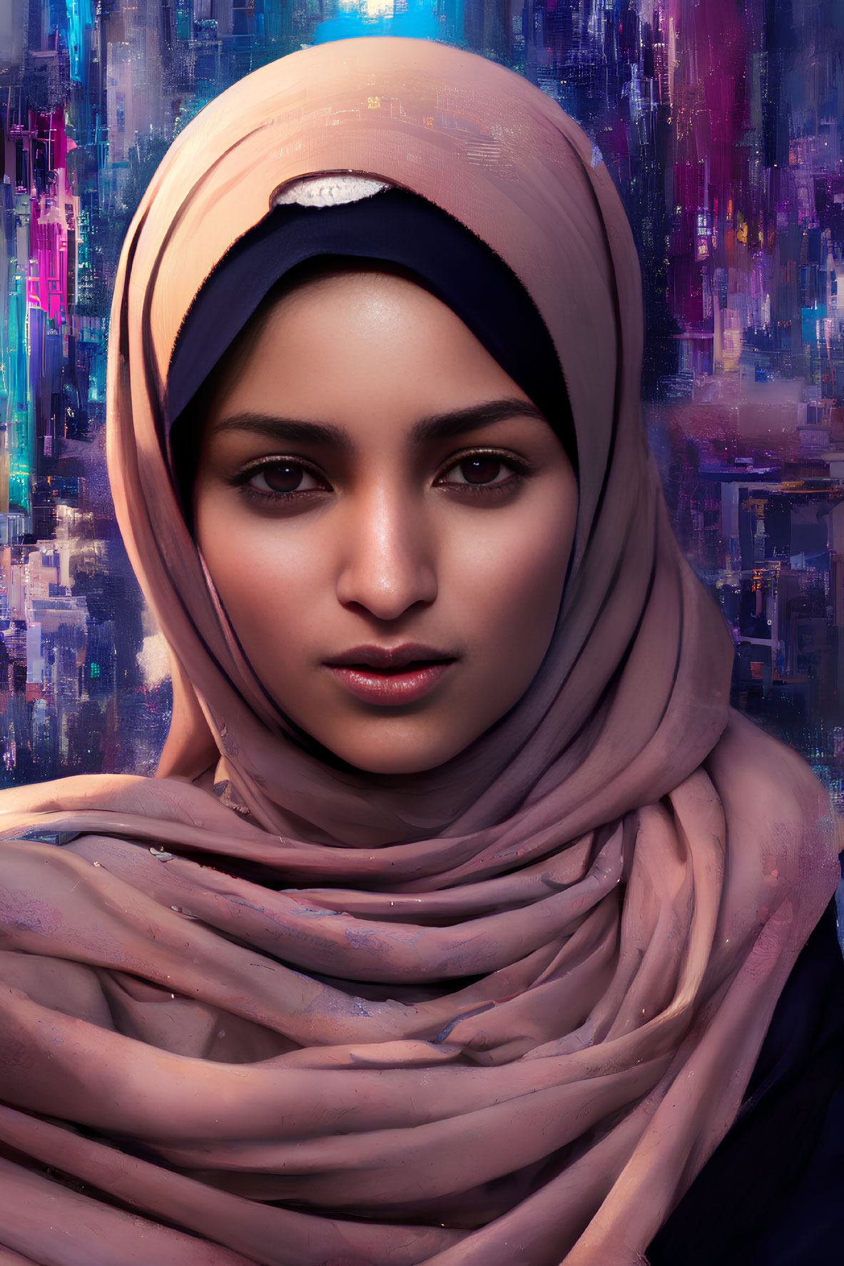 Woman in hijab against vibrant cityscape.