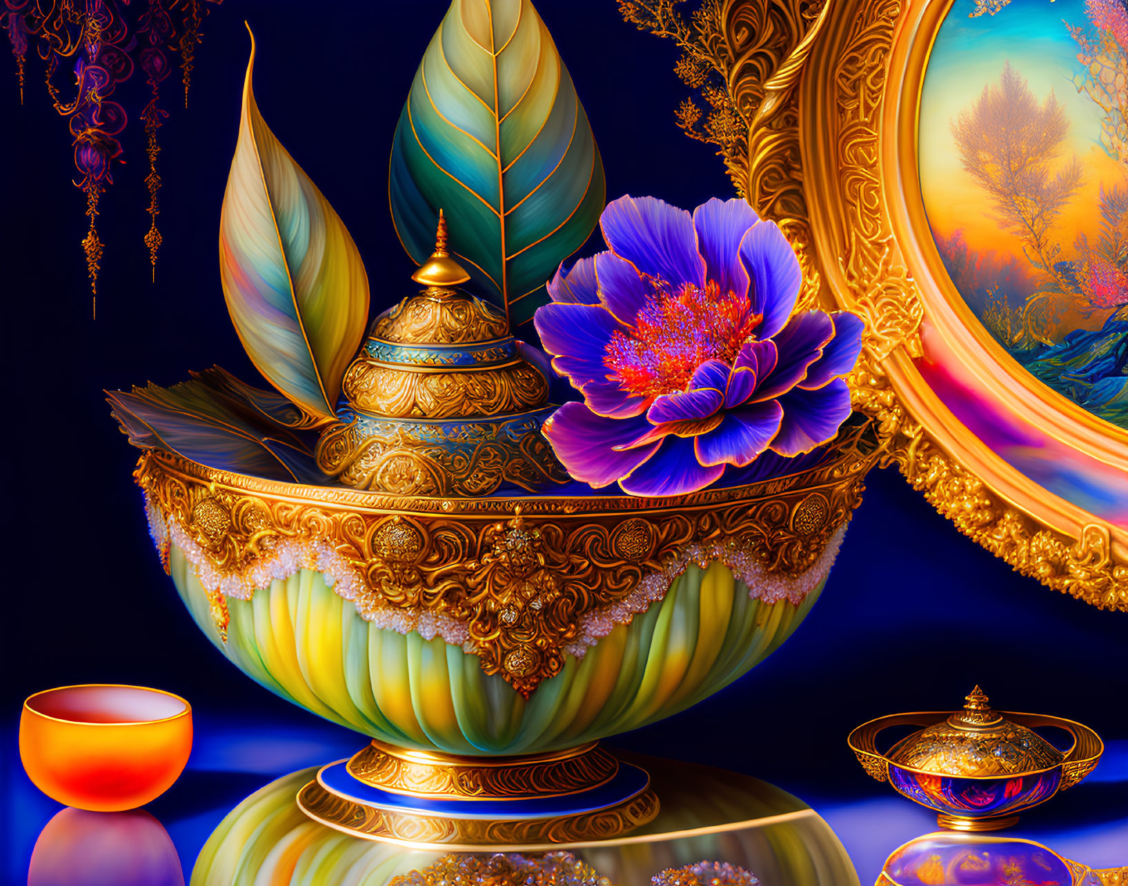 Golden bowl with feathers, flower, ornamental objects, and sunset landscape reflection