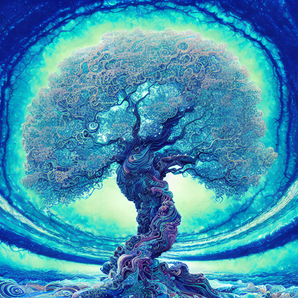Colorful fractal tree art on luminous blue backdrop