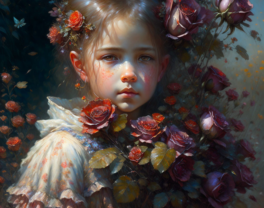 Young girl surrounded by roses and leaves, exuding natural beauty