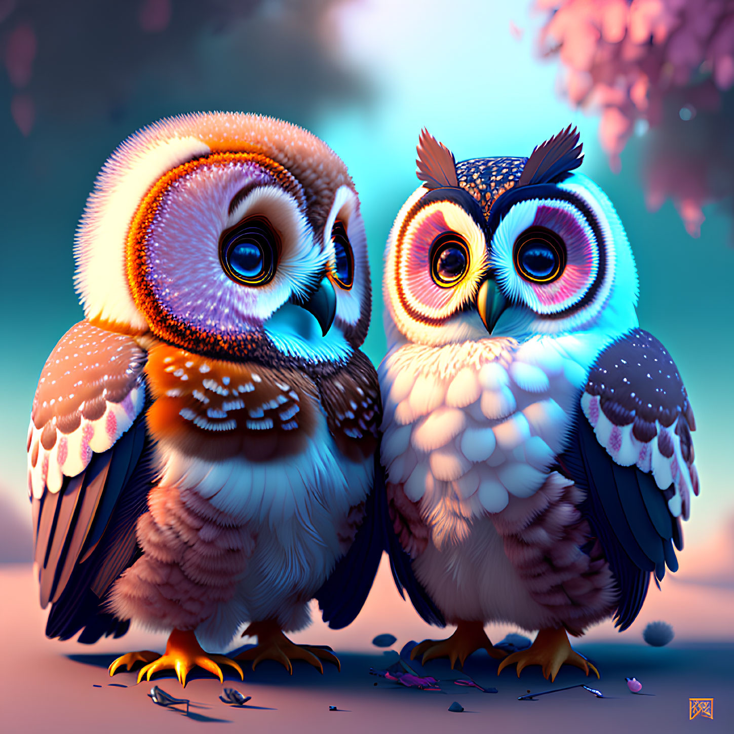 Colorful 3D-rendered owls with expressive eyes in whimsical setting