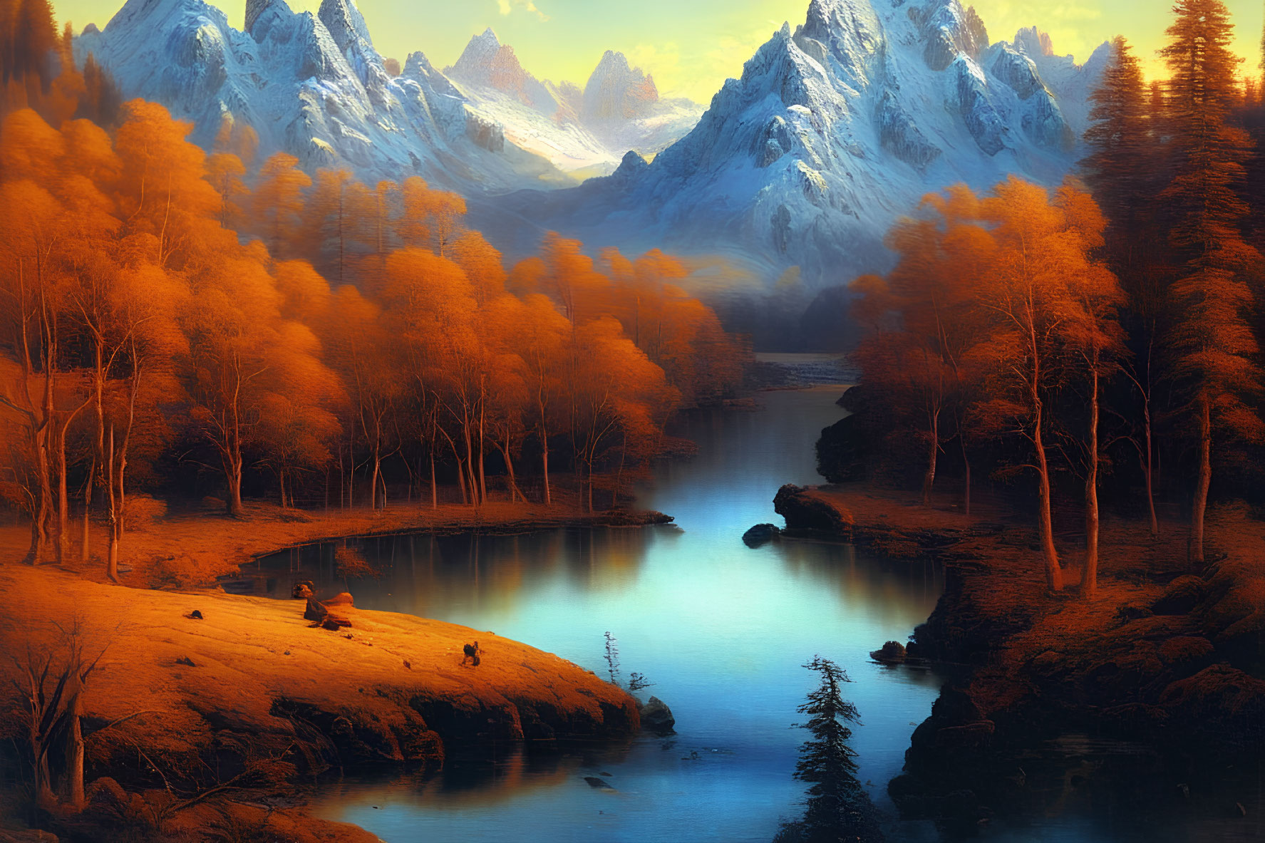 Tranquil autumn river scene with golden trees and snow-capped mountains