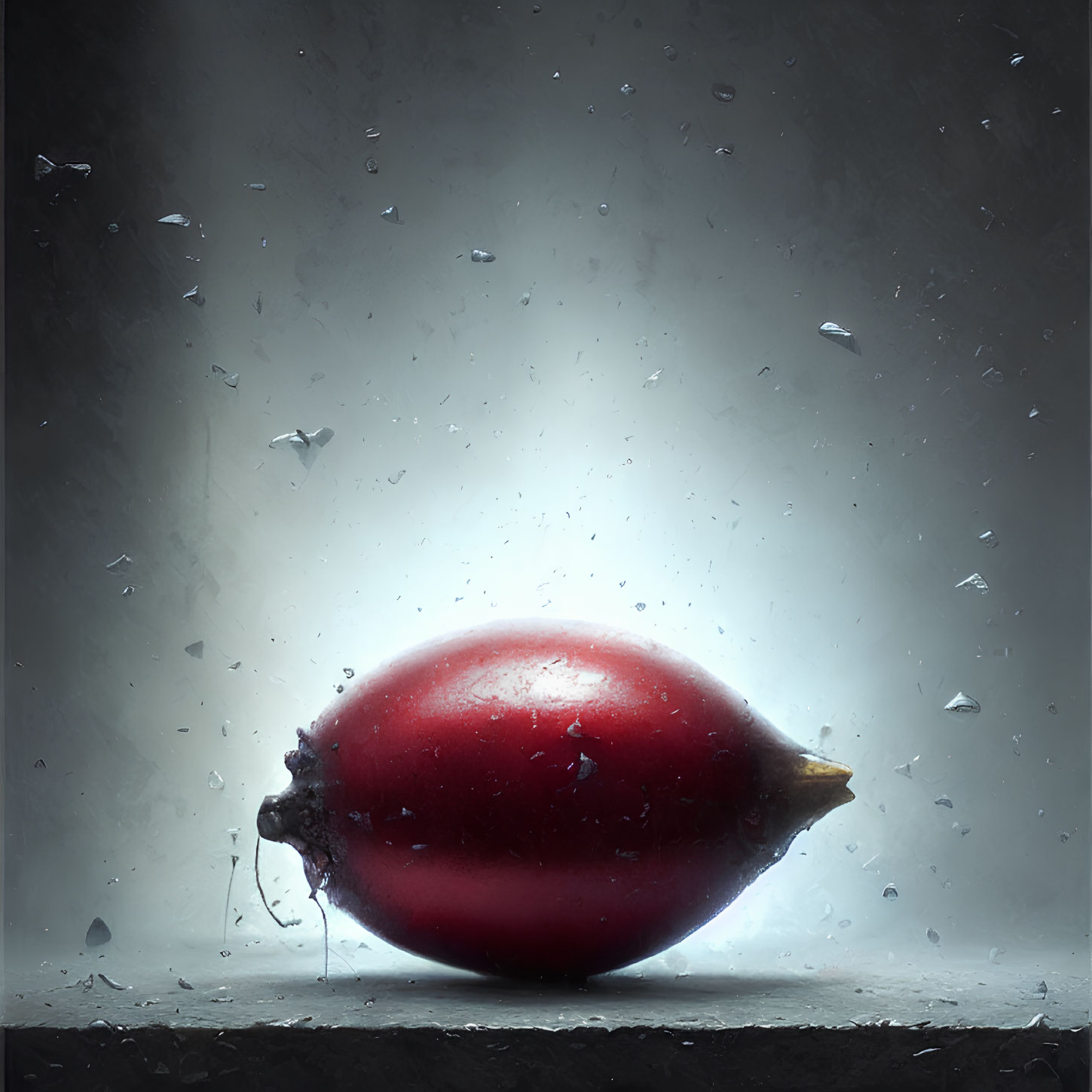 Shiny red pomegranate in misty atmosphere with water droplets and glass shards