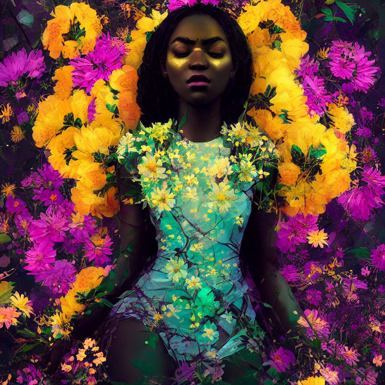 Woman in Colorful Flower Surroundings