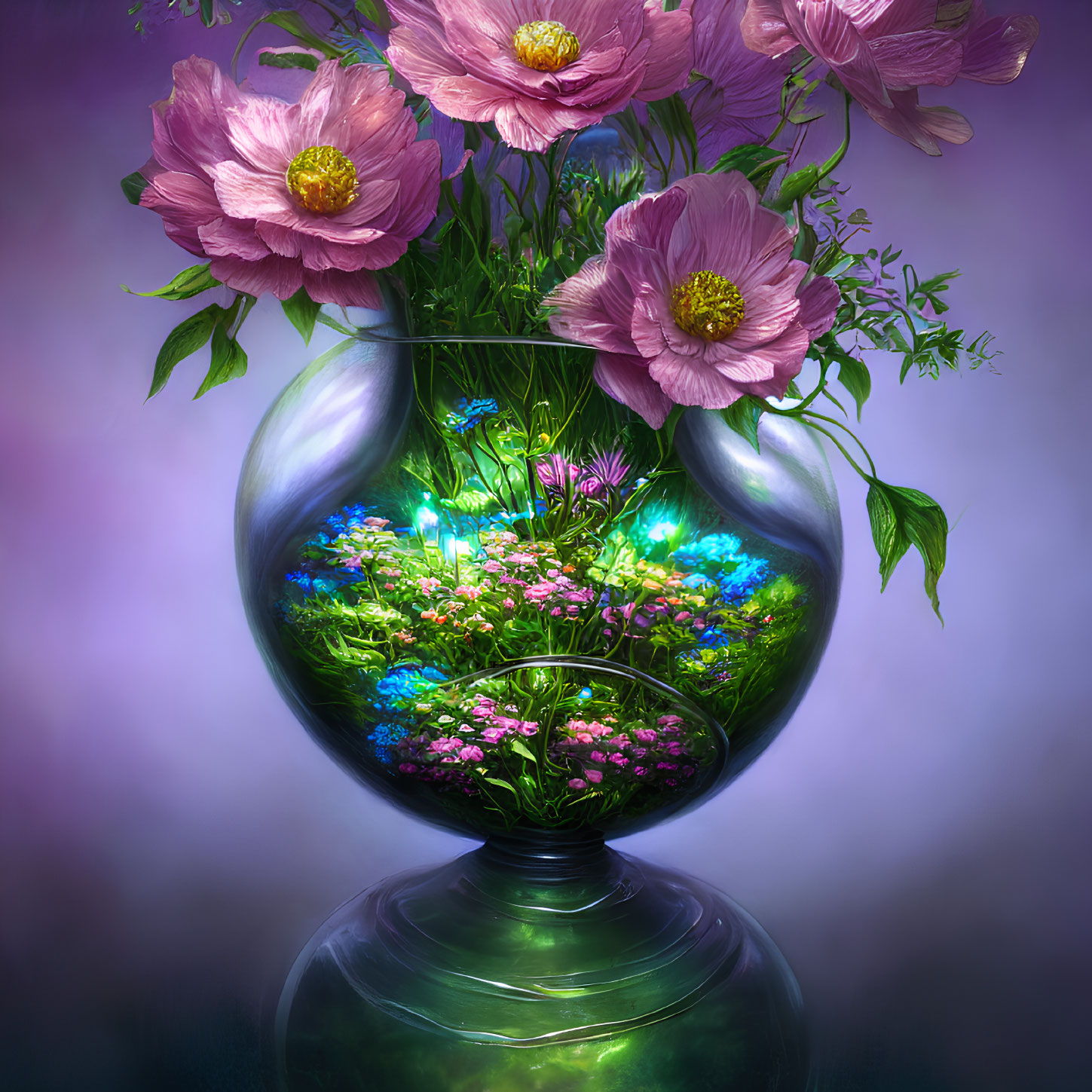 Colorful Digital Artwork: Glass Vase, Glowing Flowers, Lush Foliage,