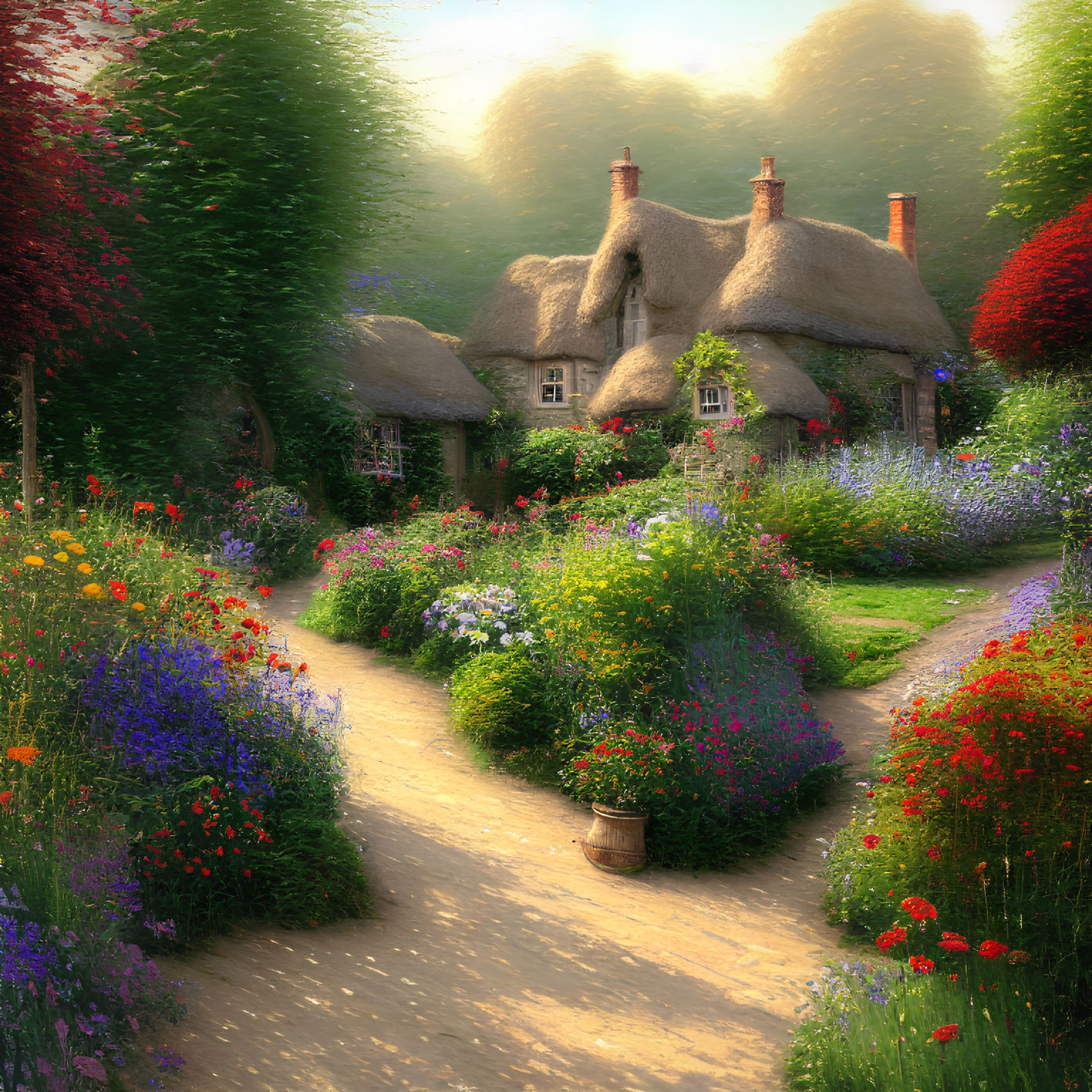 Thatched cottage surrounded by vibrant flowers and sunlight