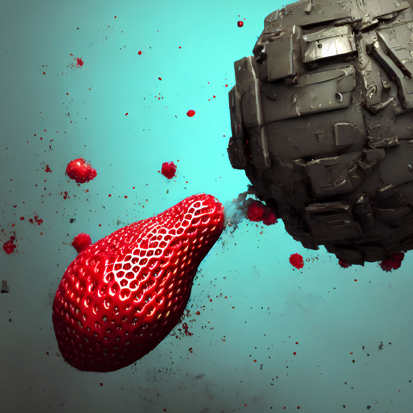 Juicy strawberry with metallic cube causes red explosion.