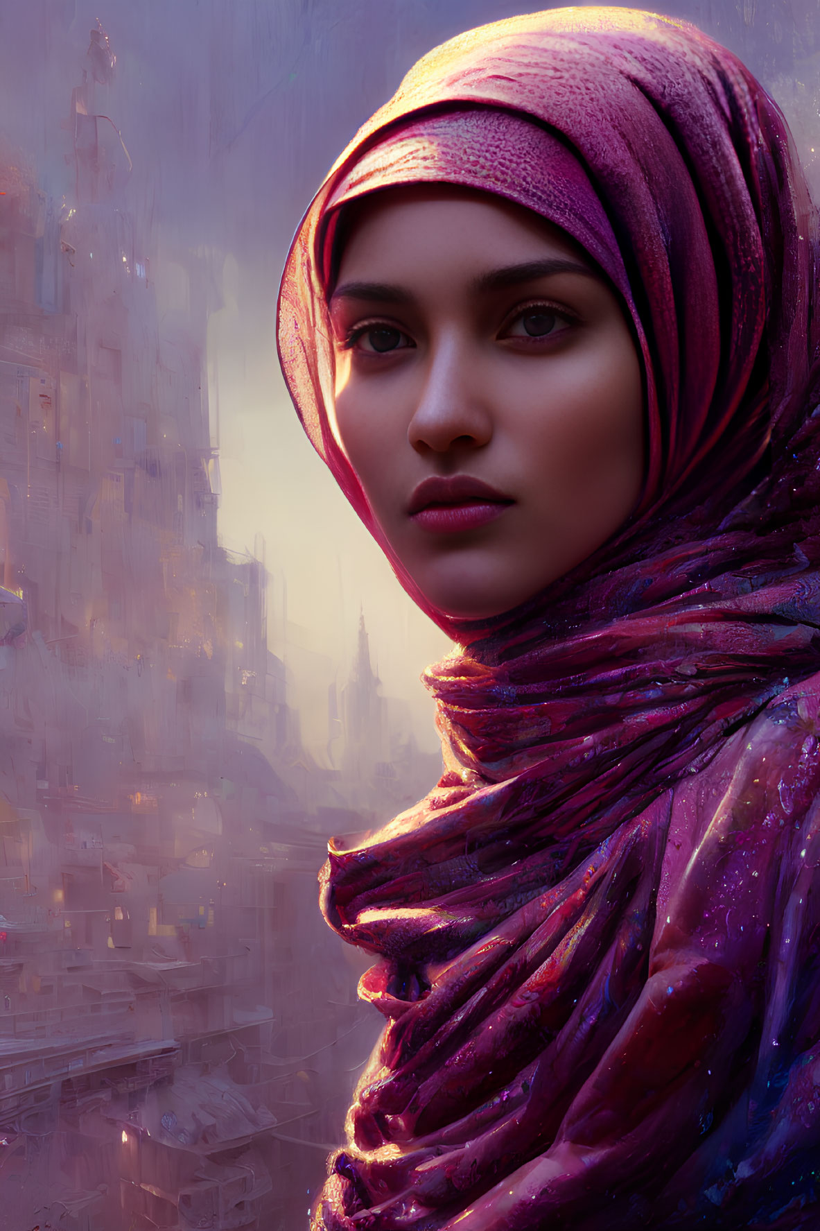 Contemplative young woman in purple headscarf against futuristic cityscape