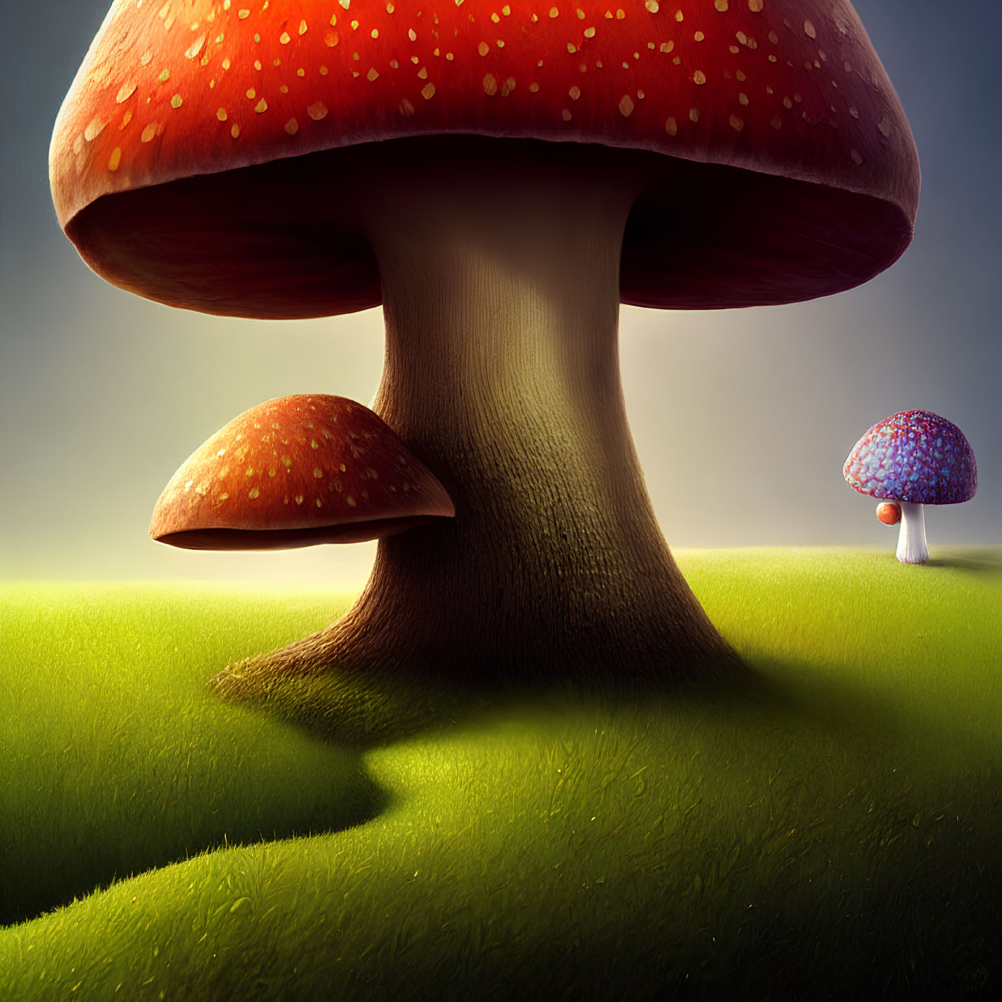 Stylized mushrooms on vibrant green hill with soft-focus background