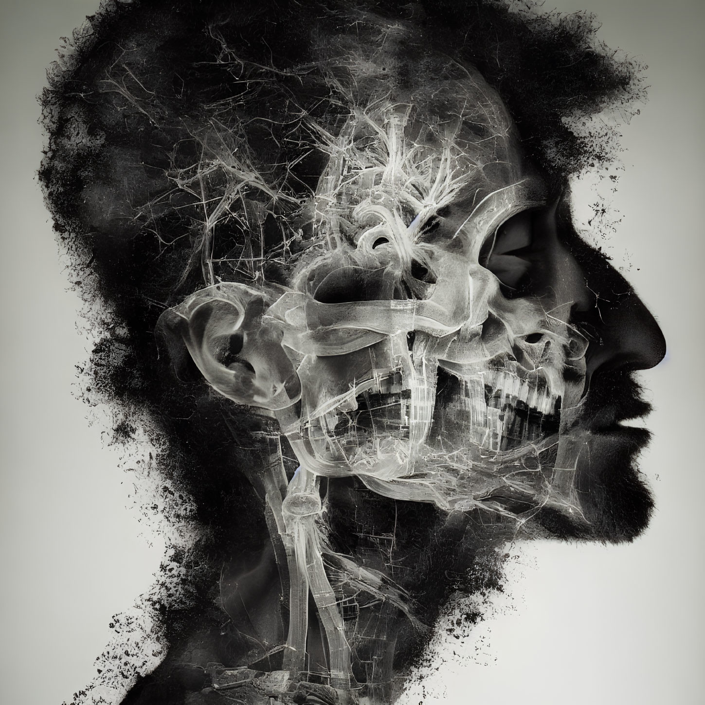 Monochrome human profile merges with intricate skull in web-like texture