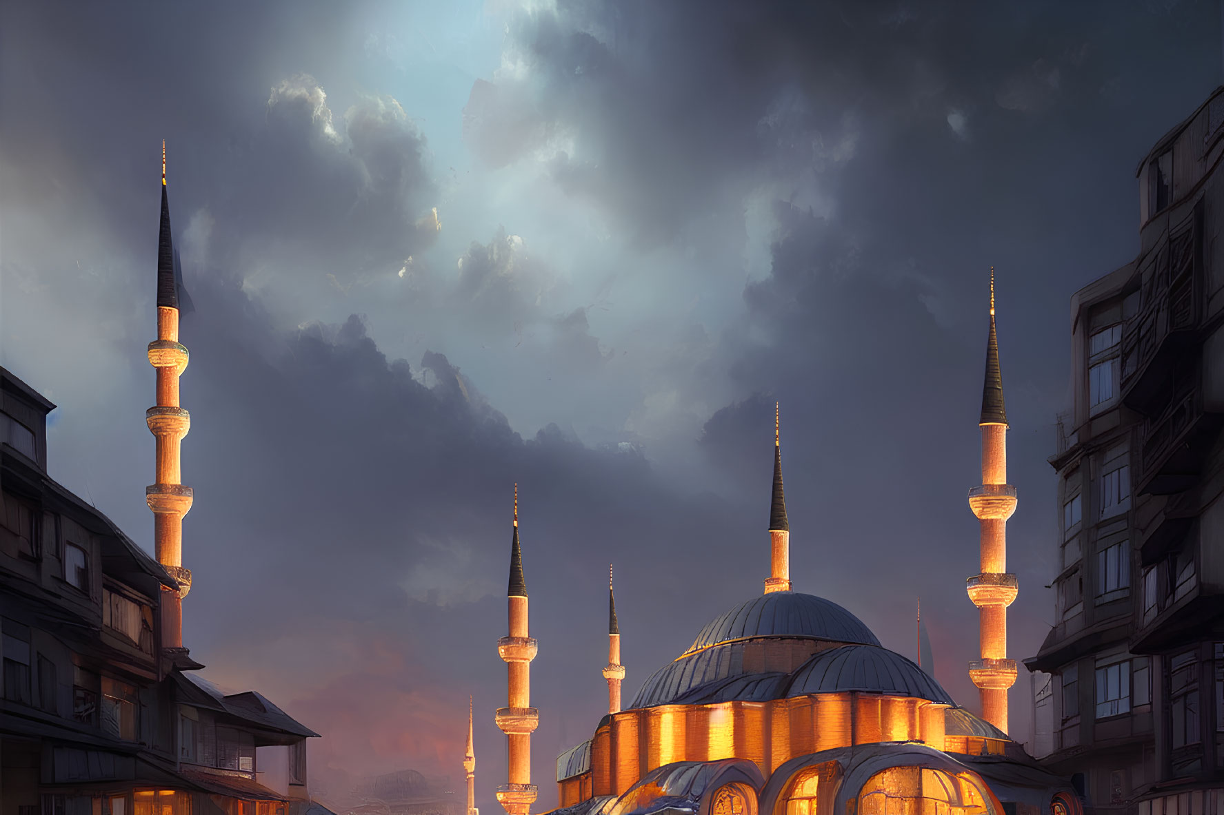 Cityscape with Mosque Silhouette and Minarets in Evening Sky