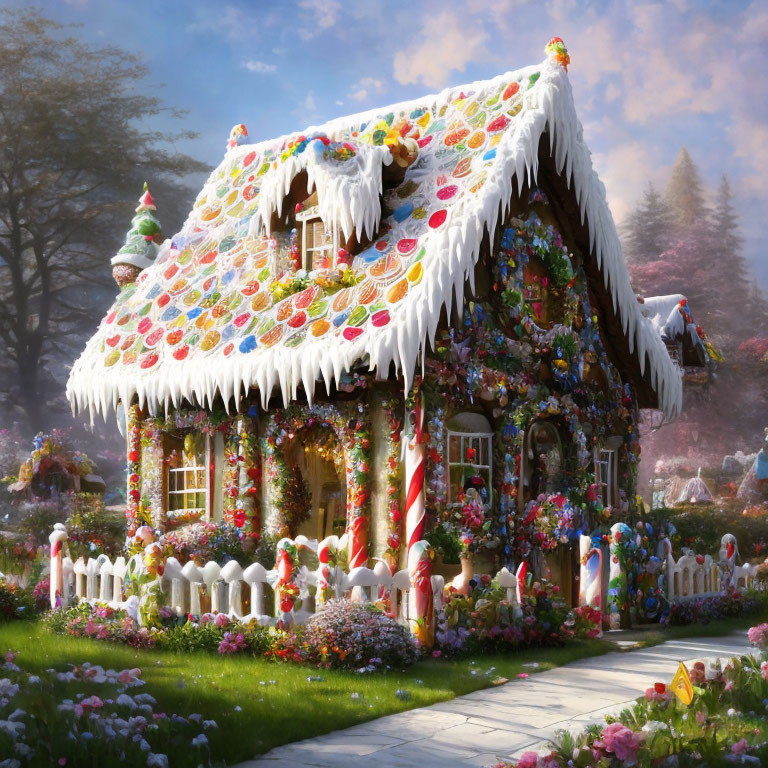 Colorful Candy-Adorned Cottage with Frosted Roof in Enchanting Garden