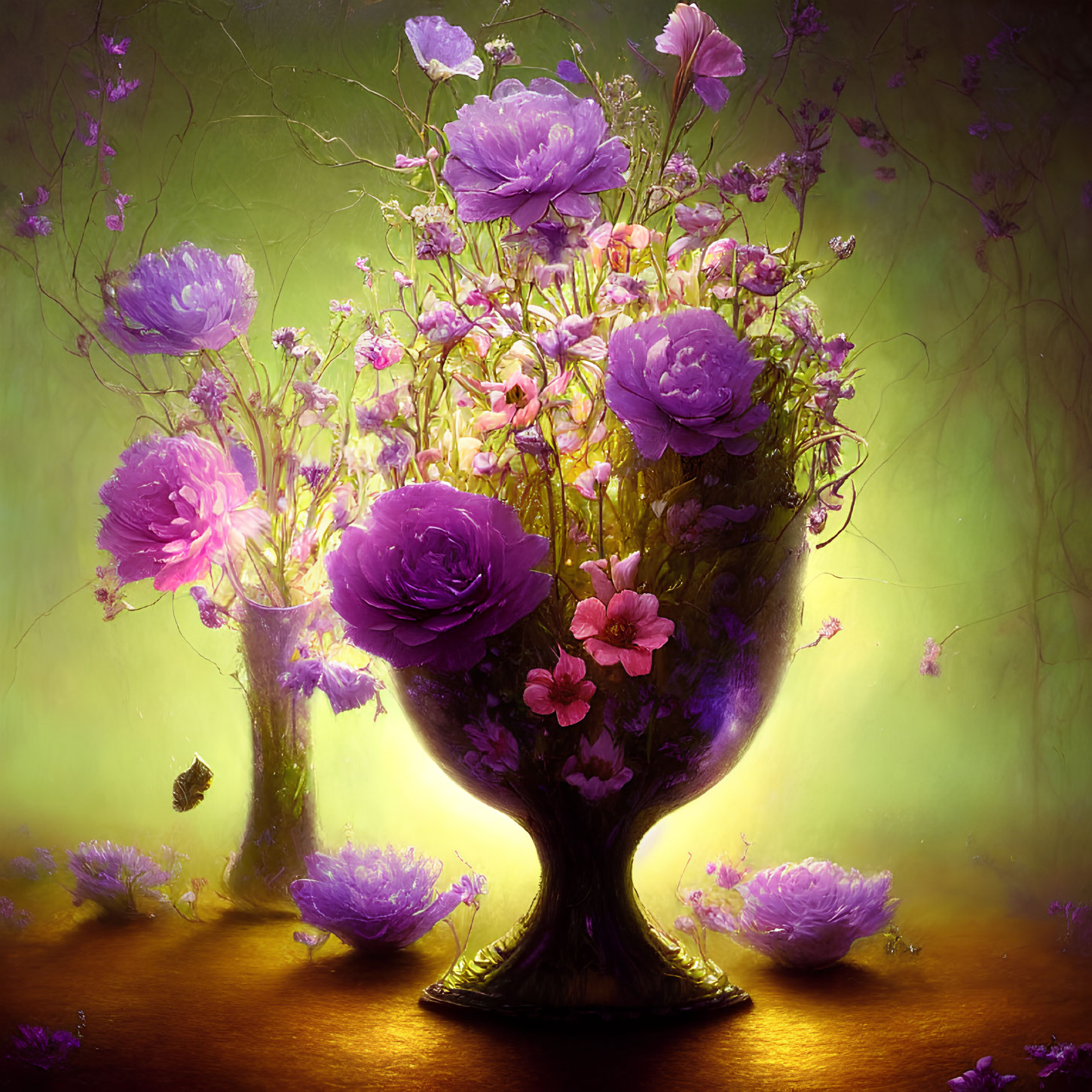 Purple flowers in ornate vase against warm backdrop