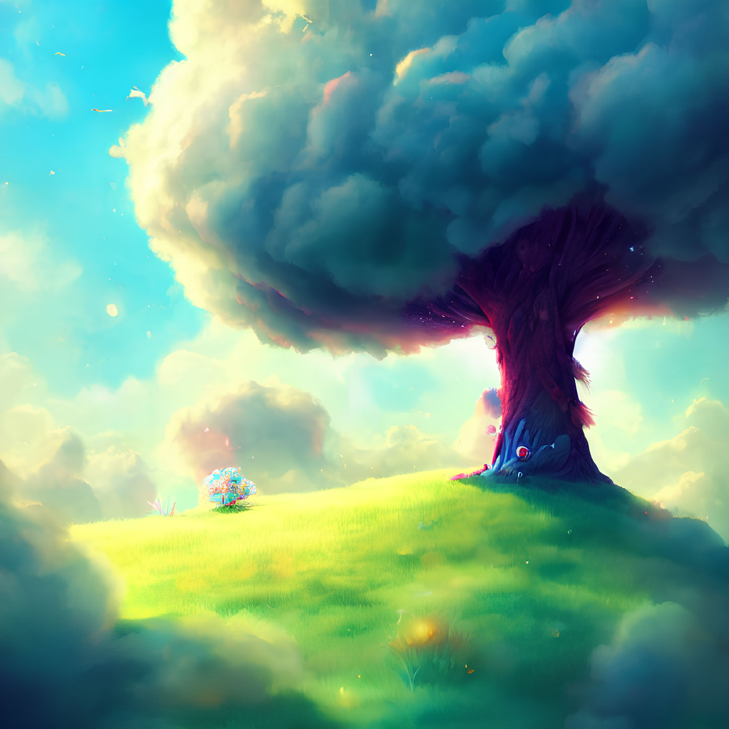 Whimsical large tree illustration on lush hill under bright blue sky
