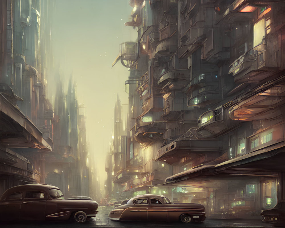 Futuristic cityscape with towering buildings and vintage cars